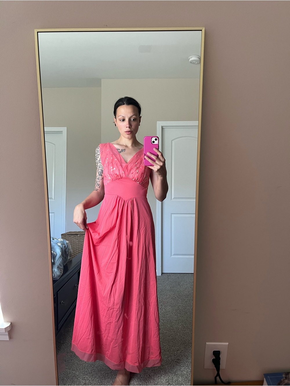 VTG Vanity Fair Rare Slip Dress Maxi Full Length Coral Pink Lingerie Nightgown